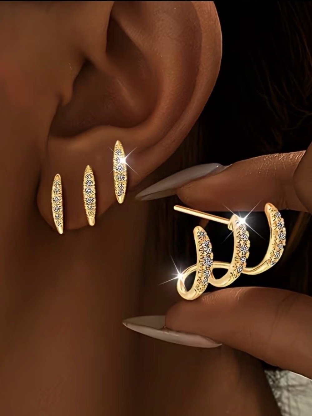 Gold Crystal Curved Bar Stud Earrings - Women's Sparkle